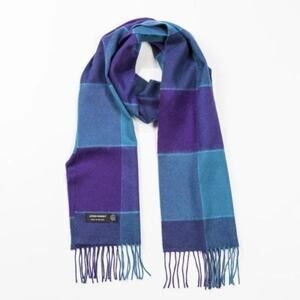 John Hanley Ireland Merino Luxury Wool Scarf Blue Purple Plaid NWT 12" x 71"